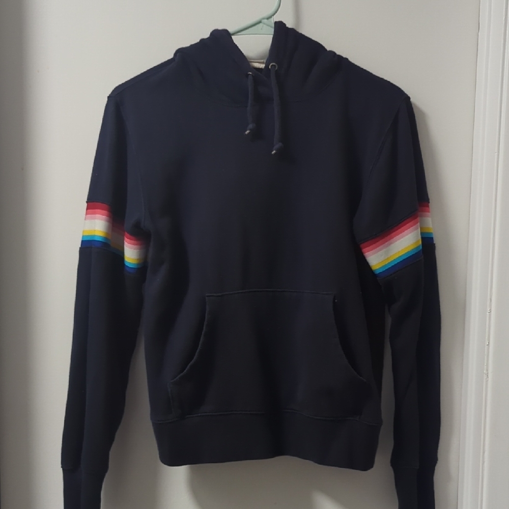 GAP Women's Navy Blue Hoodie with Rainbow Stripes